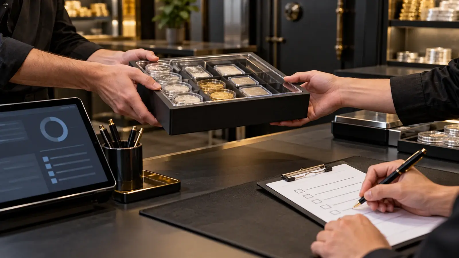 Two coin shop employees completing a controlled inventory handoff