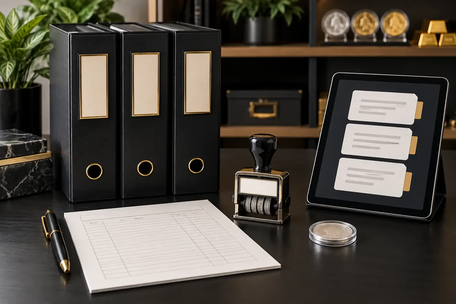 Version-controlled coin shop procedure documents beside a tablet and secure inventory