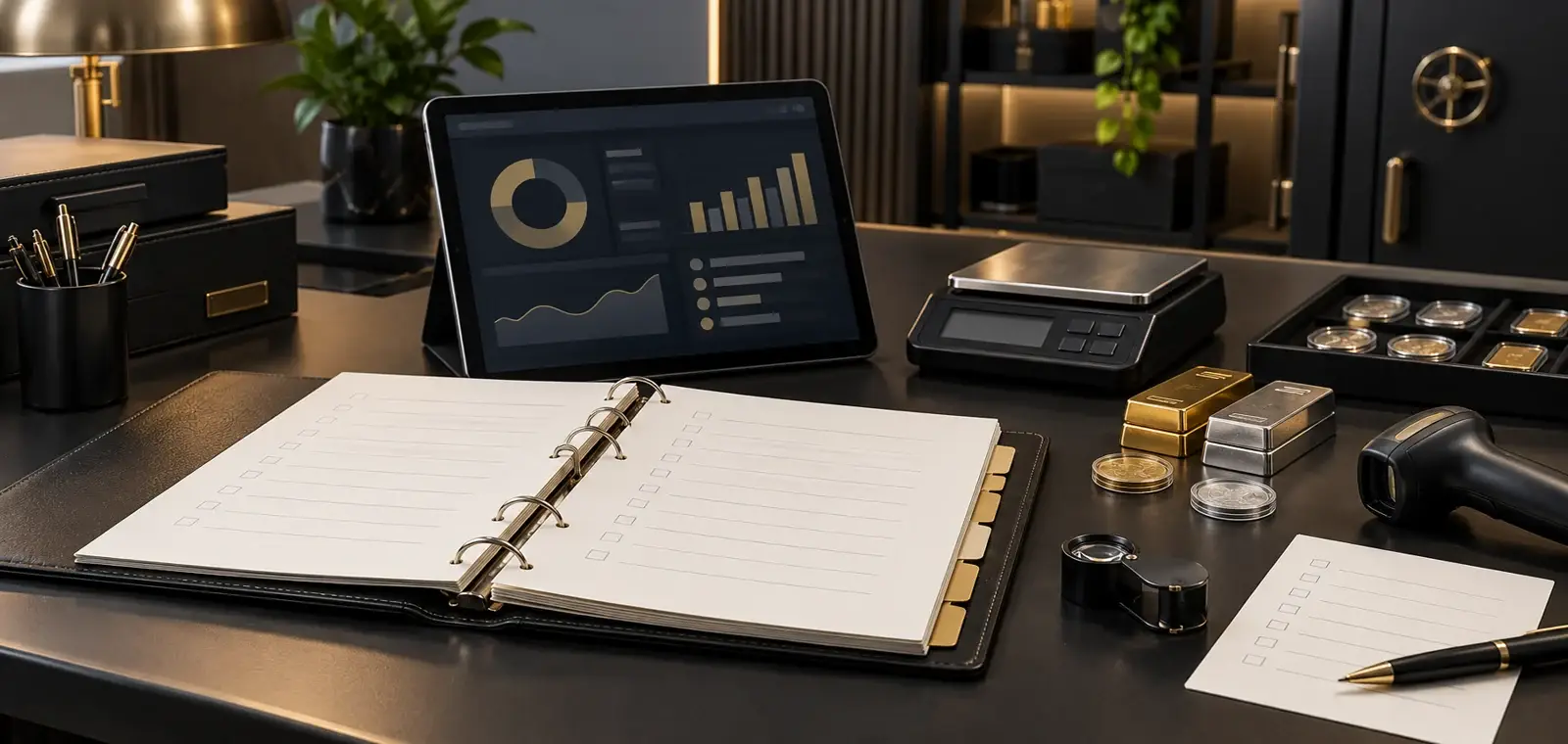 Organized coin shop operations desk with procedure binder, tablet, scanner, and precious metals trays