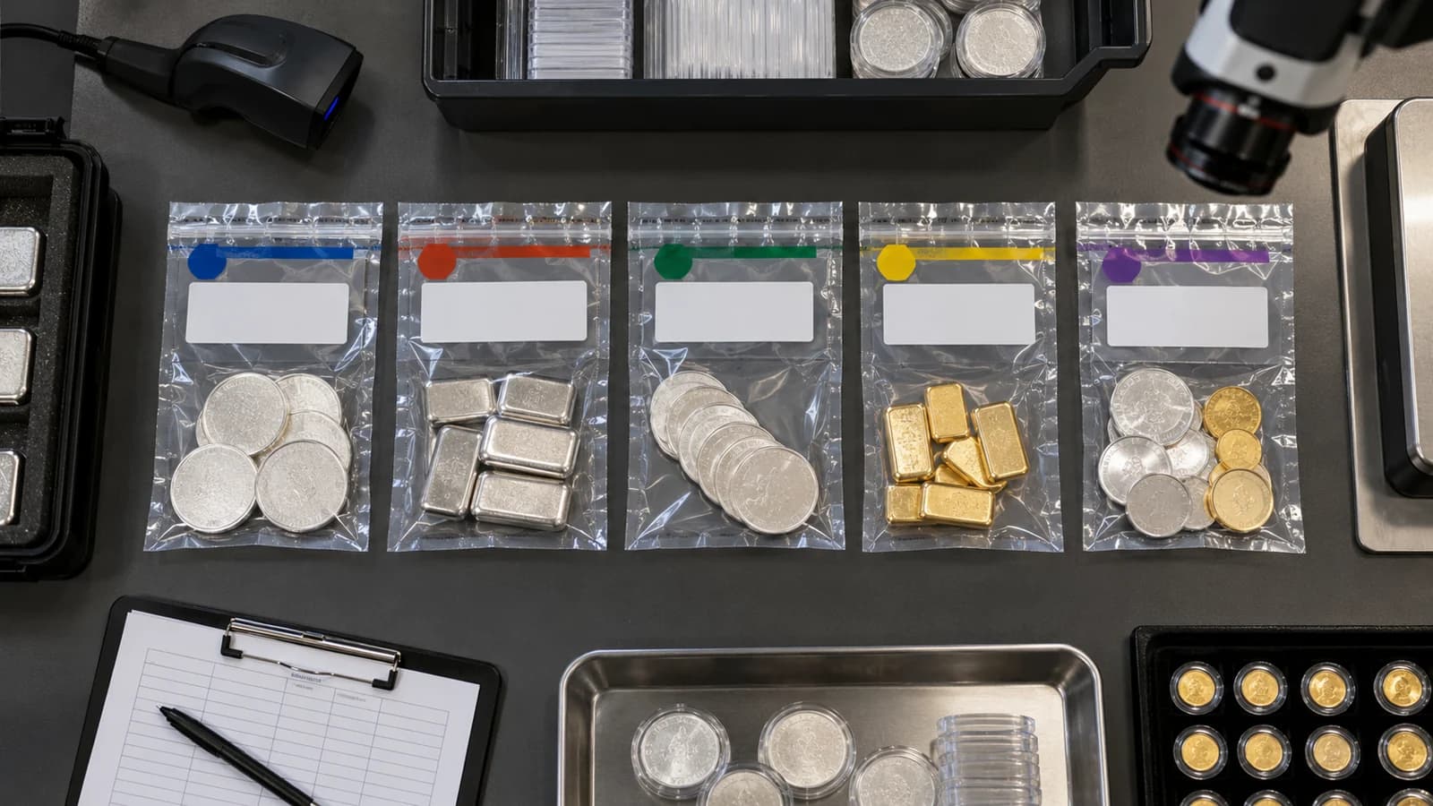 Gold and silver items undergoing non-destructive testing at a coin shop bench