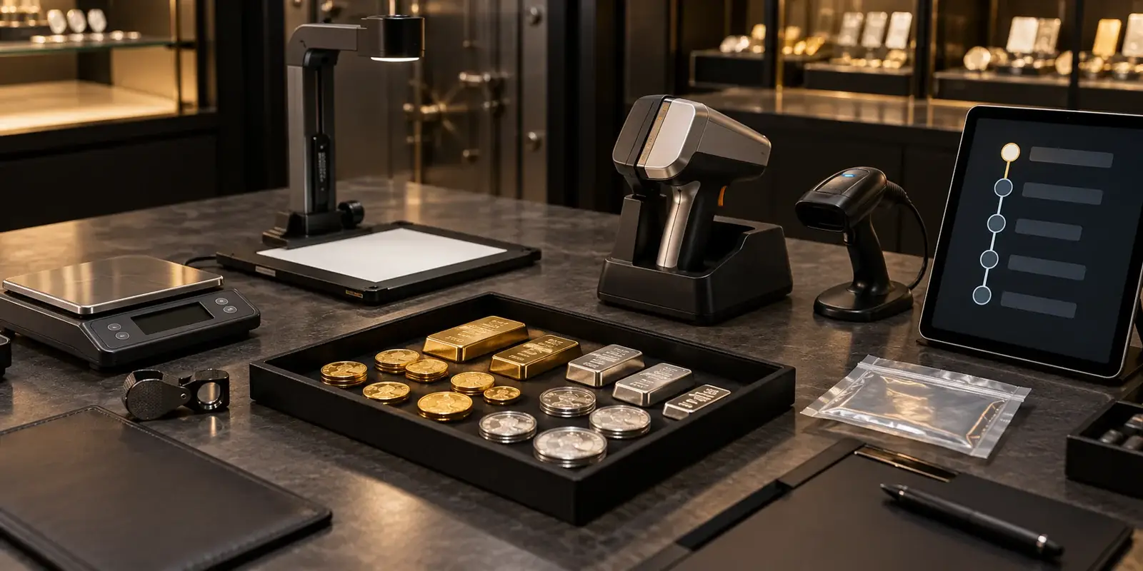 Secure precious-metals purchase intake station with scale, camera, scanner, and testing tools