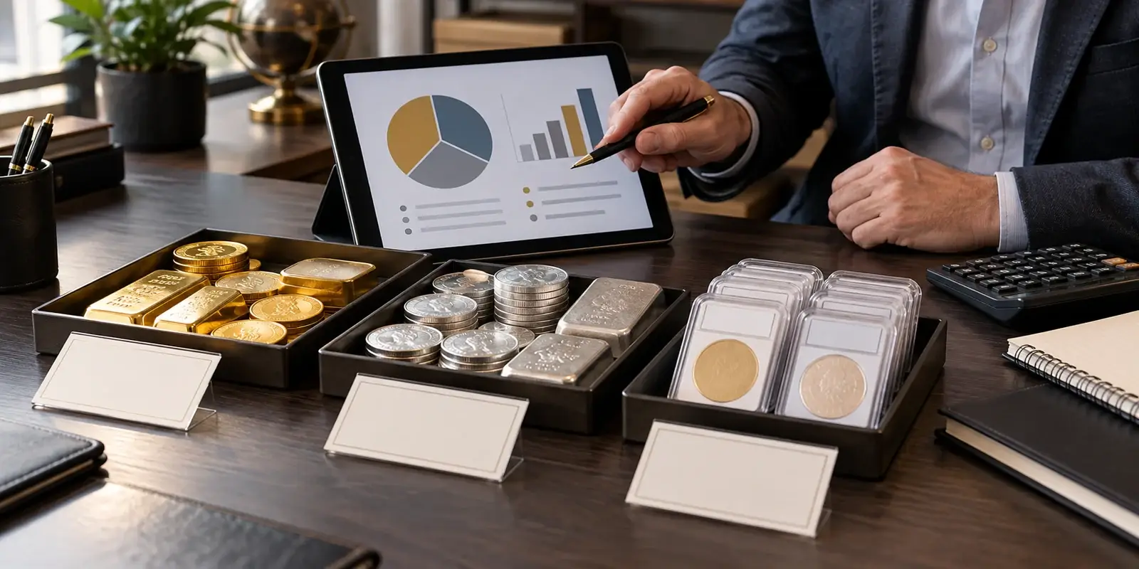 Coin dealer reviewing inventory velocity and margin on a tablet