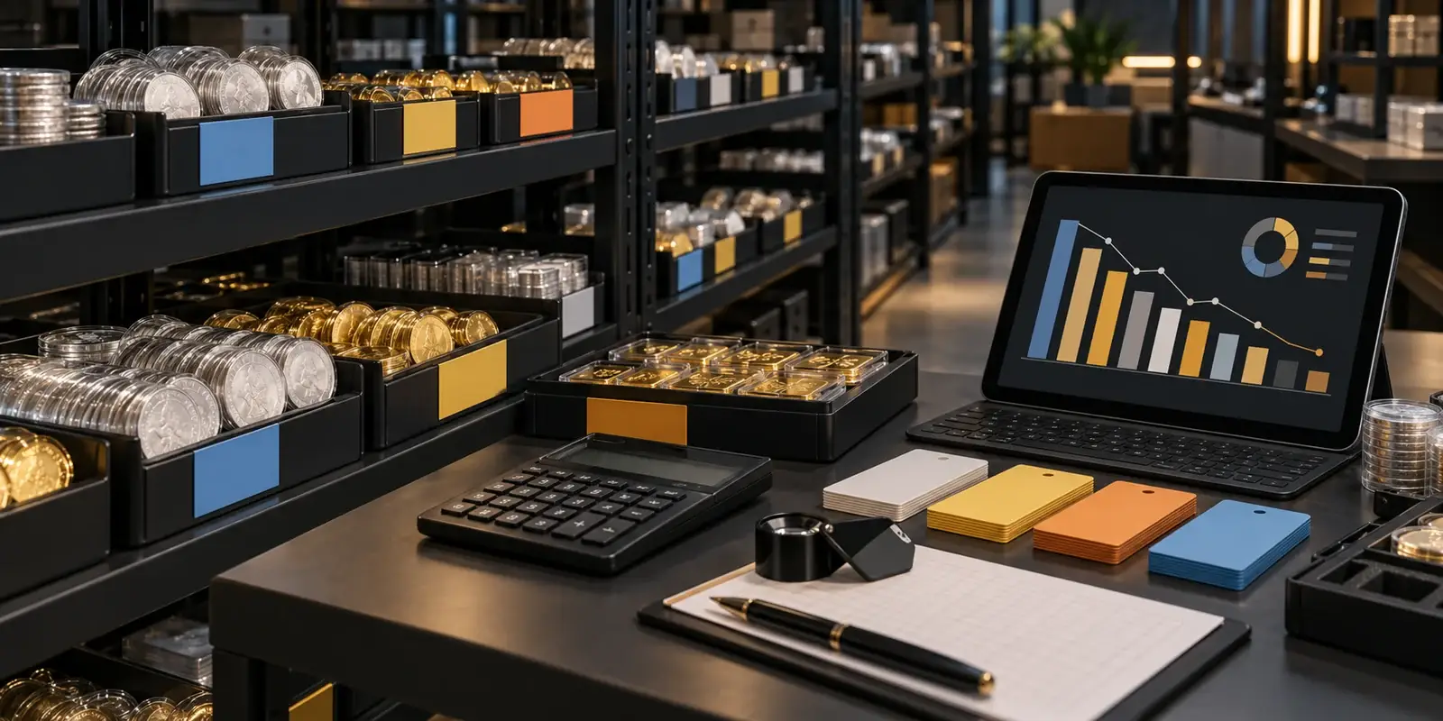 Coin shop inventory shelves organized by age and sell-through status