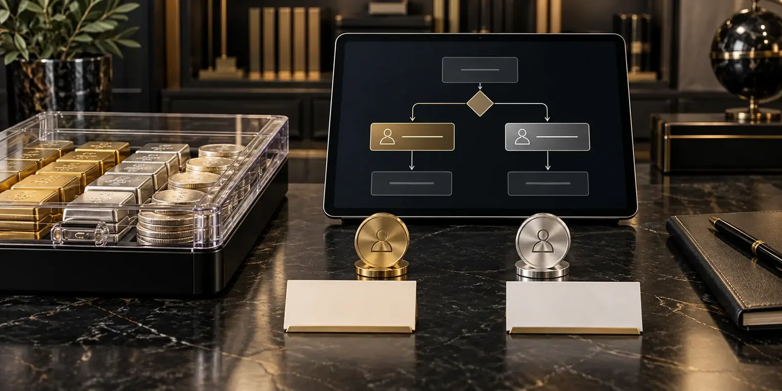Coin dealer monitoring open gold and silver exposure after customer price locks