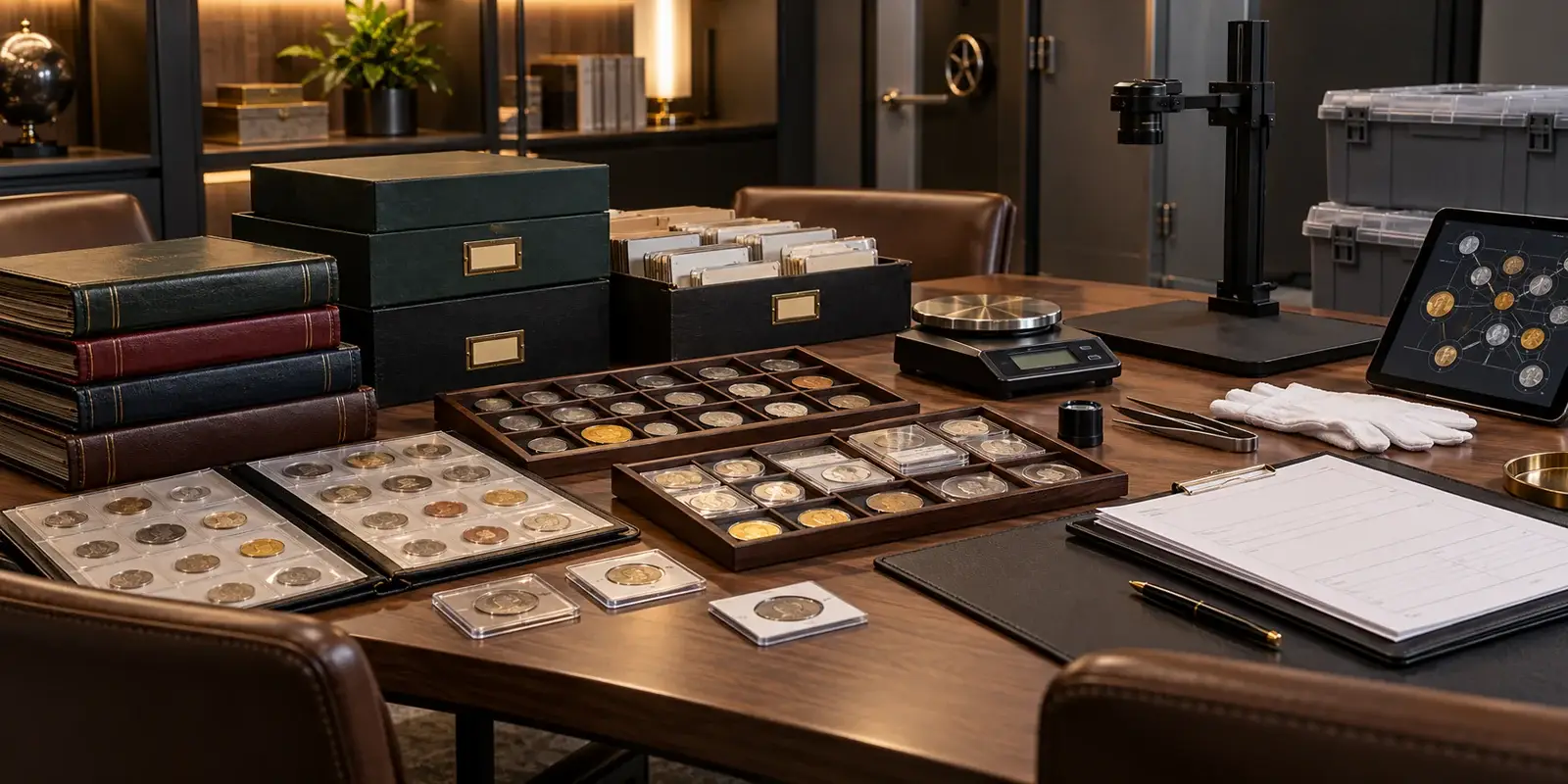 Respectful estate coin collection intake with organized trays, documents, and secure work area