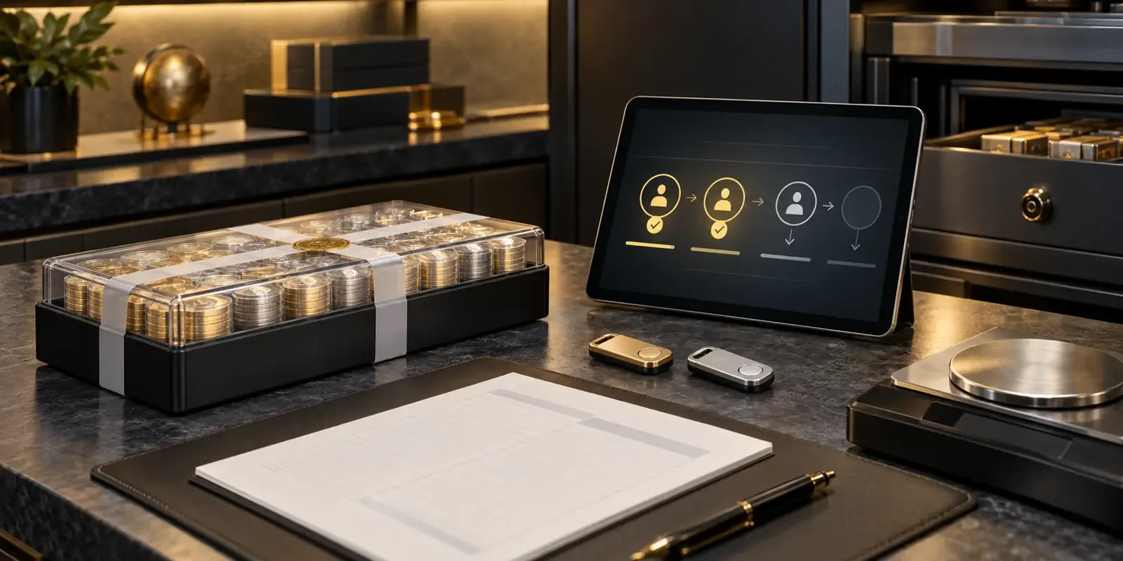 Coin shop purchasing workflow divided among appraisal, approval, payment, and custody roles