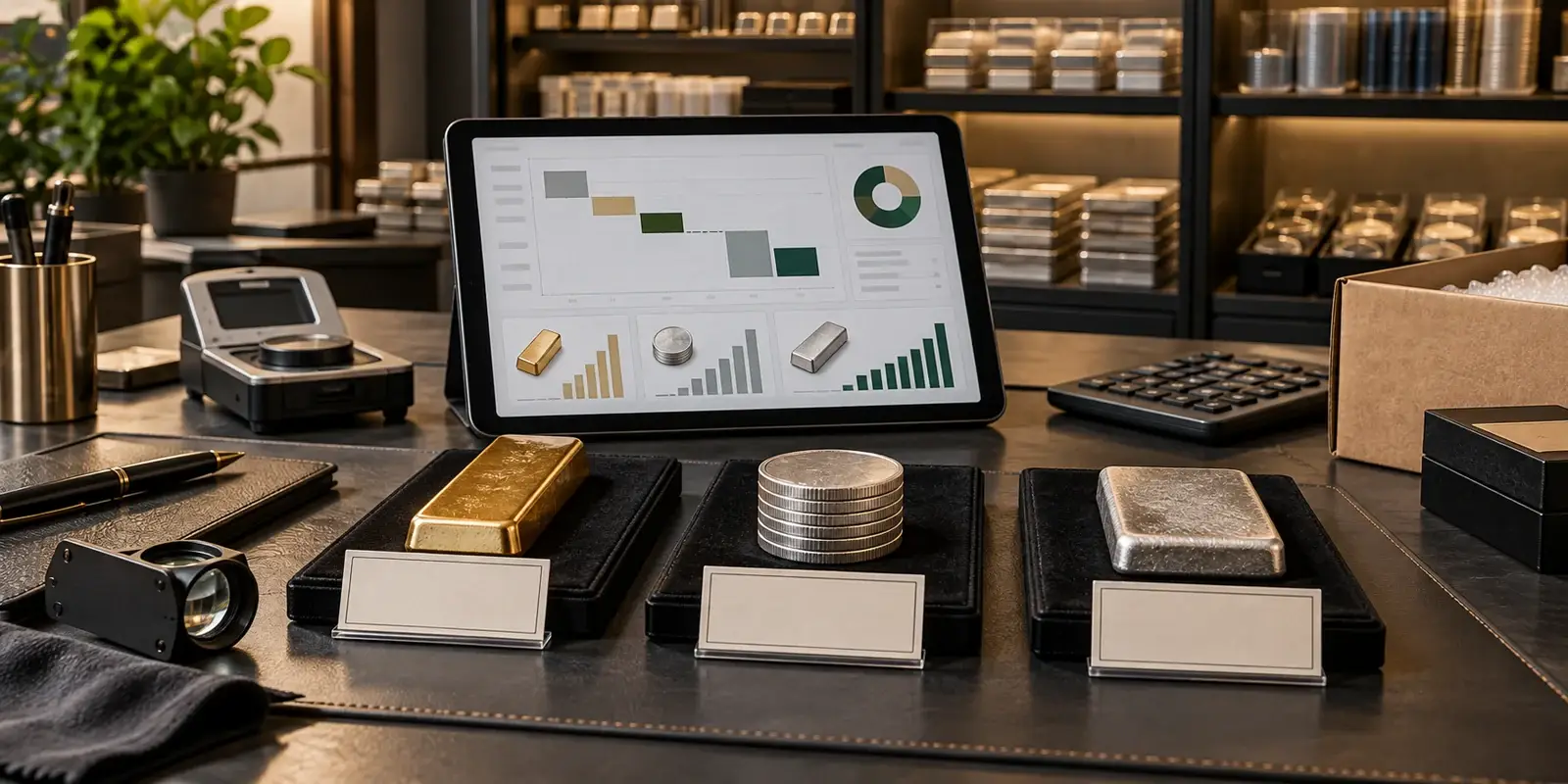 Coin dealer reviewing item-level cost, sale value, and gross margin across precious-metals inventory