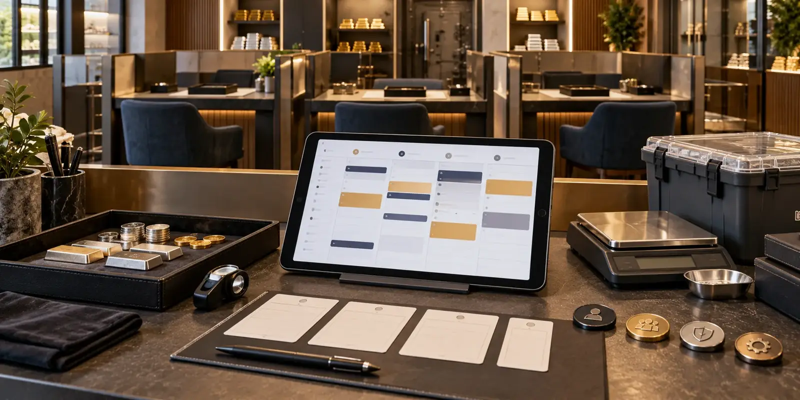 Coin shop appointment schedule coordinated with staff, private rooms, and testing stations