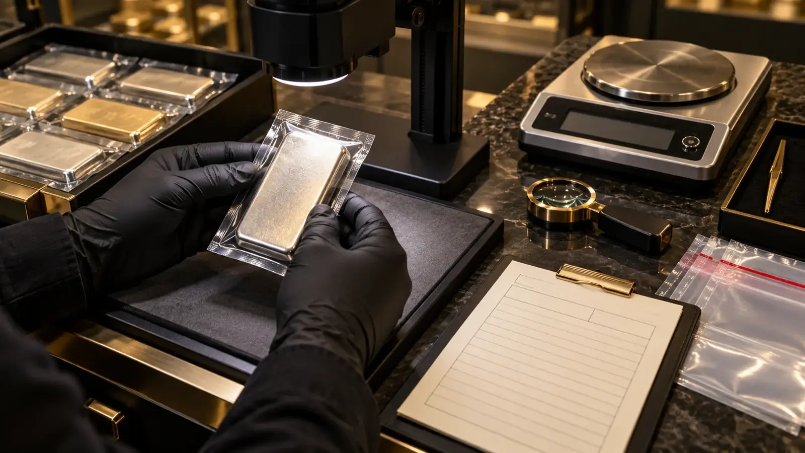 Returned bullion product inspected under a bench camera beside a scale