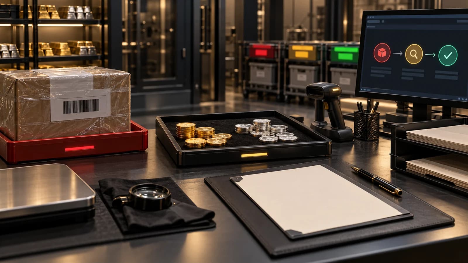 Bullion return exception desk with quarantined parcel, inspection tray, scanner, and refund workflow