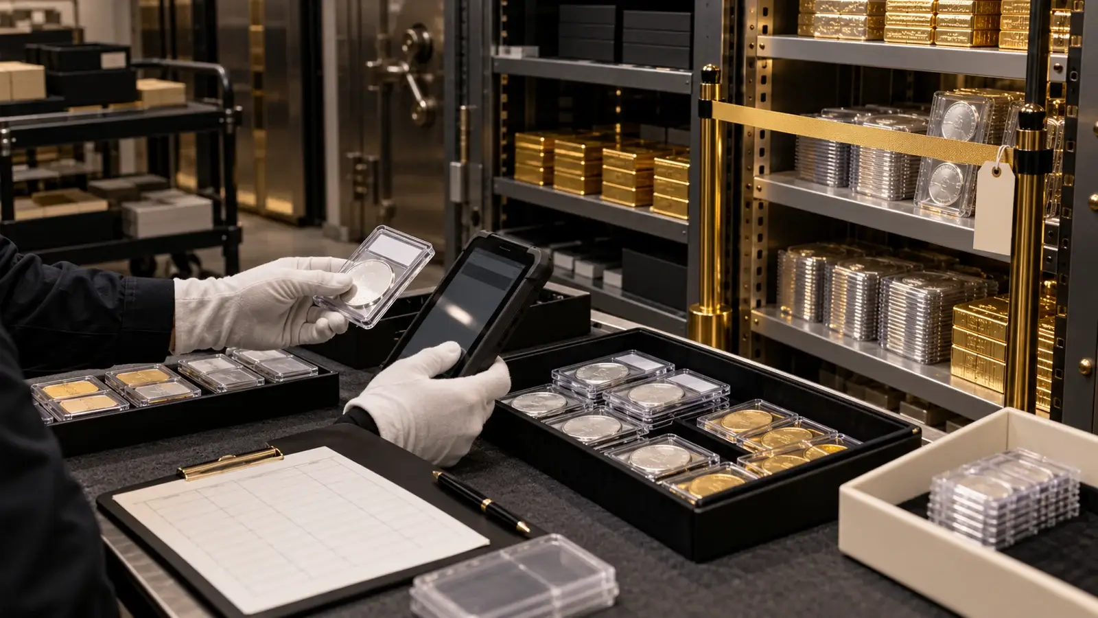 Coin shop employee scanning a controlled vault shelf during a cycle count