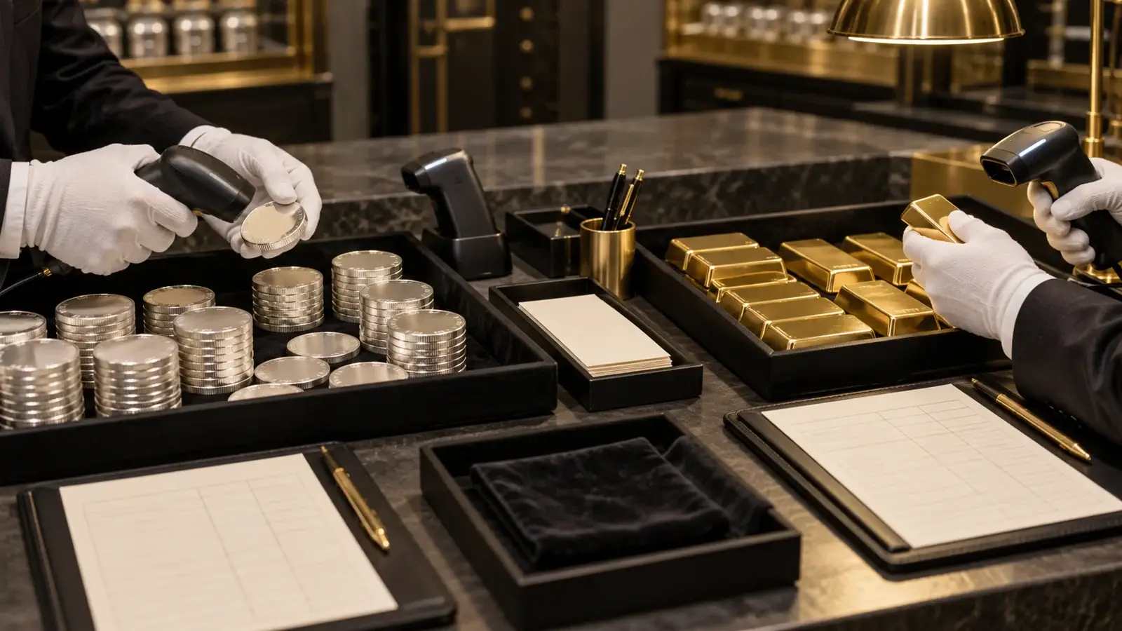 Two staff members independently recounting gold and silver inventory