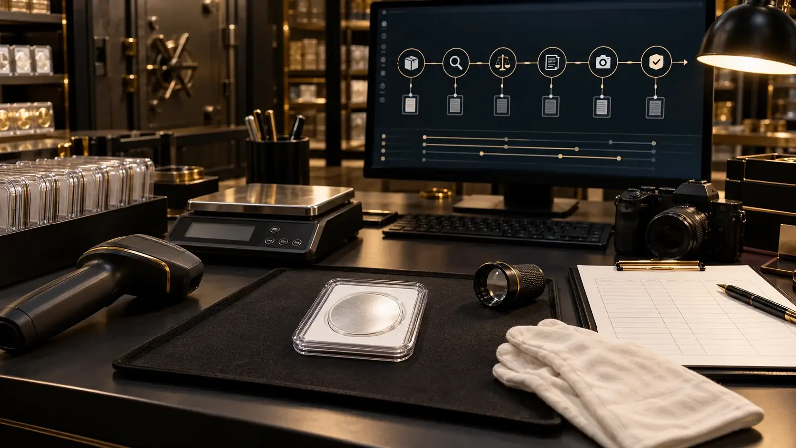 Coin shop inventory variance investigation with scanner, scale, camera, and audit trail