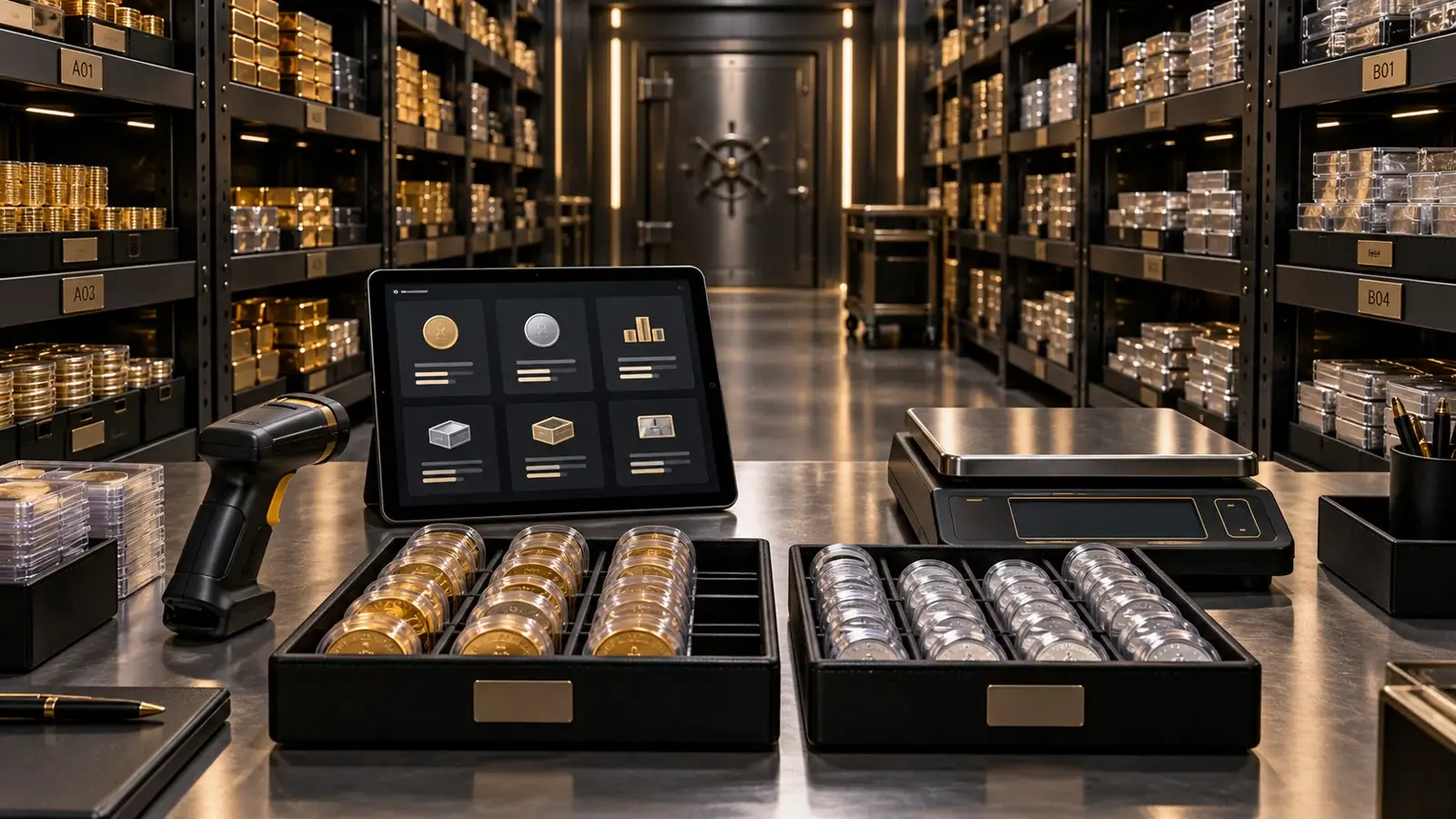 Secure bullion vault prepared for a cycle count with scanner, tablet, scale, and organized trays
