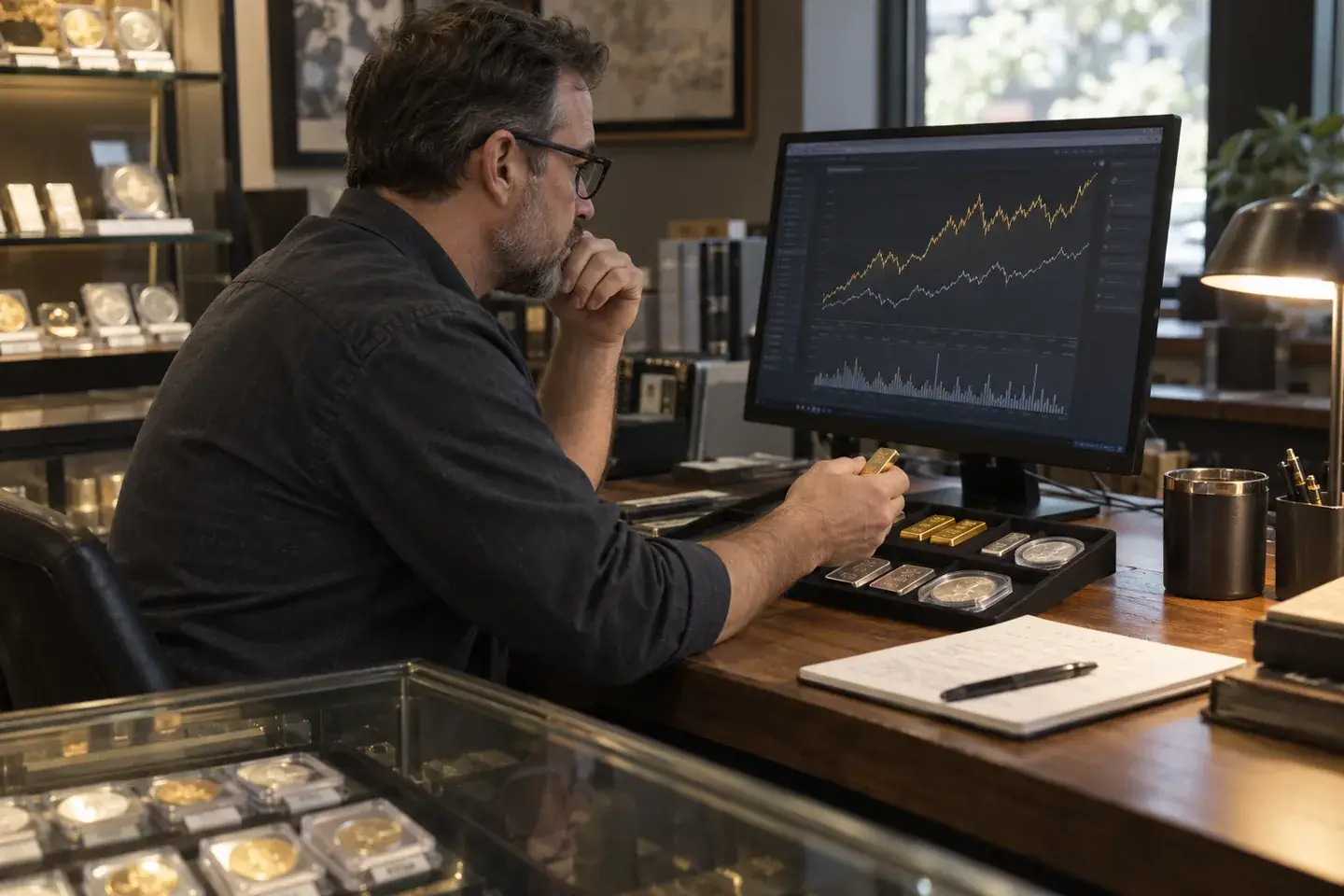 Bullion dealer reviewing market trends beside organized gold and silver inventory.