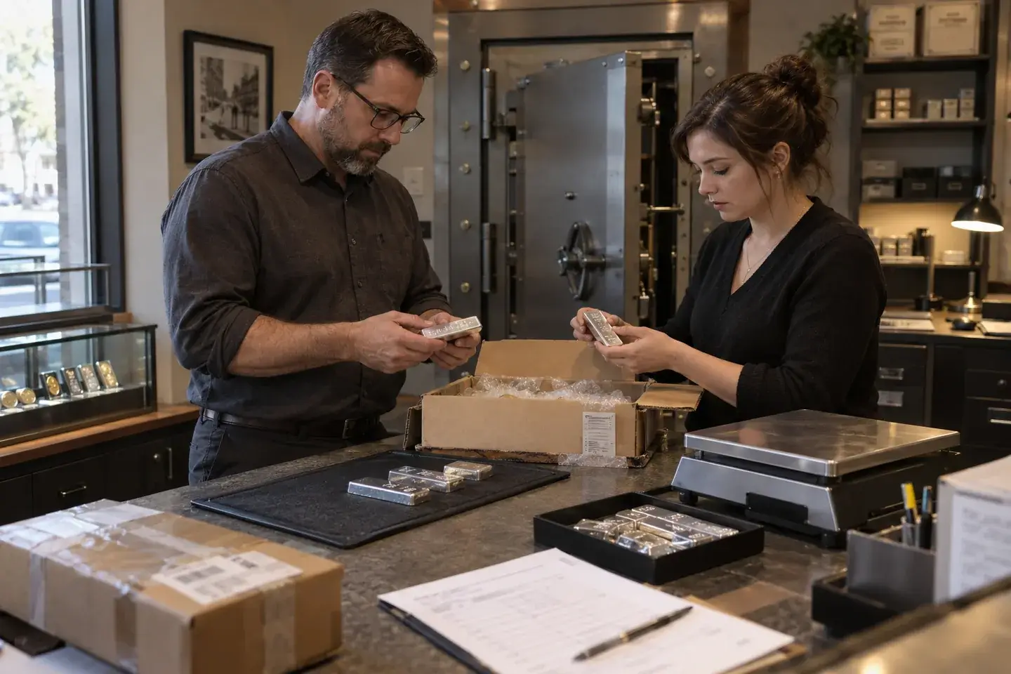 Two employees verifying silver bars from an insured shipment at a secure receiving counter.