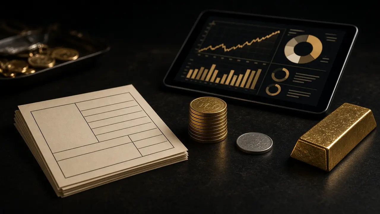 Carbon-copy paper buy tickets on a dark dealer counter beside a tablet showing a generic gold-and-black dashboard, a gold coin stack, a silver coin, and a gold bar