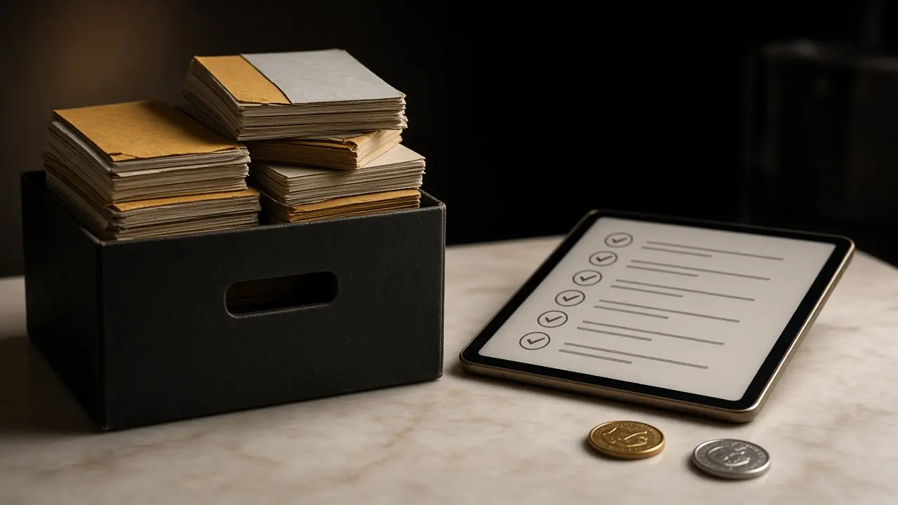 Archive box holding old carbon-copy ticket pads next to a tablet showing a completed checklist, with a gold and a silver coin on a cream counter