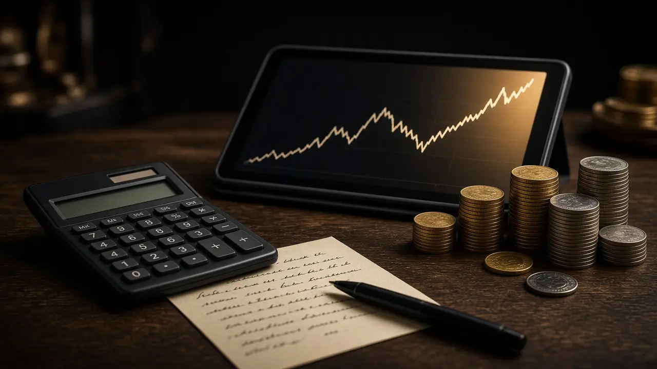 Calculator and handwritten note on a wooden coin counter in front of a tablet showing a generic price chart, with gold and silver coin stacks
