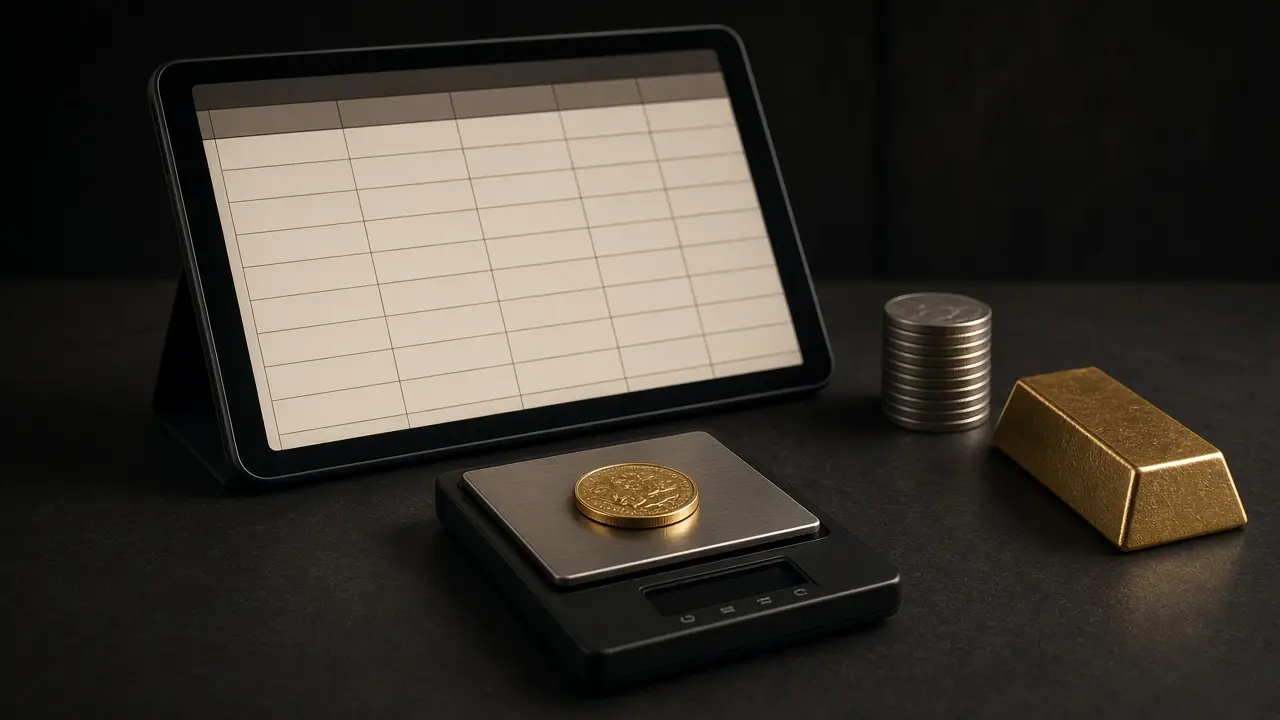 Tablet with a generic inventory table above a scale holding a gold coin, a silver coin stack, and a gold bar on a dark counter