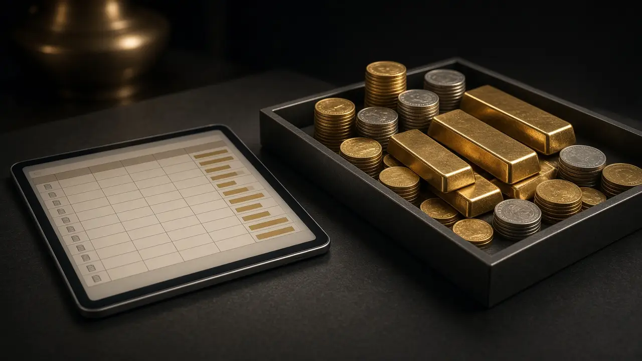 Tablet showing a generic inventory table beside a vault tray of gold and silver coin stacks and bullion bars on a dark counter