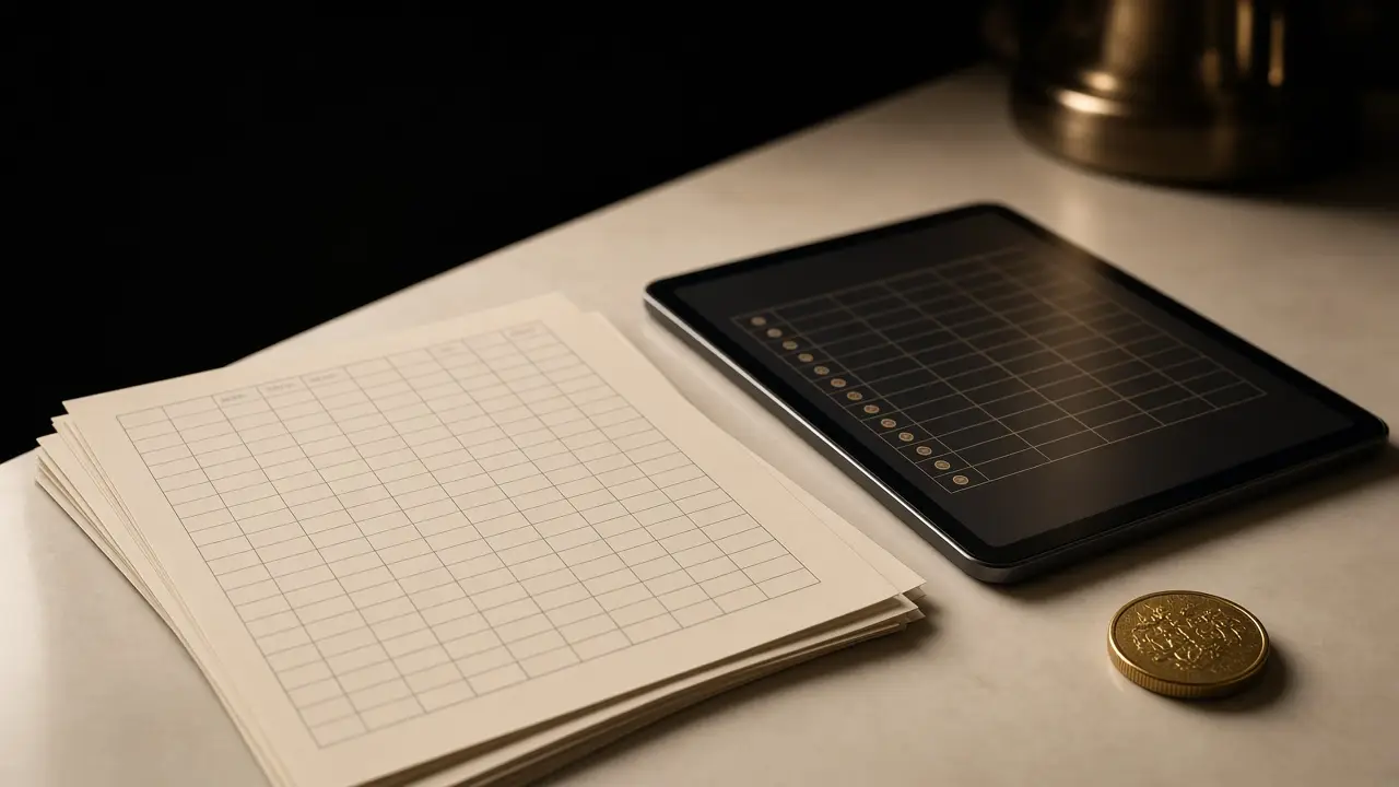 Printed spreadsheet pages on a cream counter next to a tablet showing a generic inventory table and a single gold coin