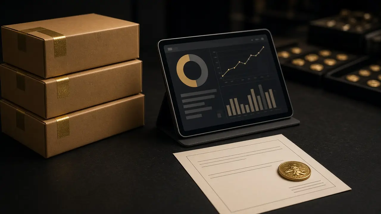 Stacked shipping boxes with gold tape on a dark dealer counter beside a tablet showing a generic dashboard, a packing slip, and a gold coin