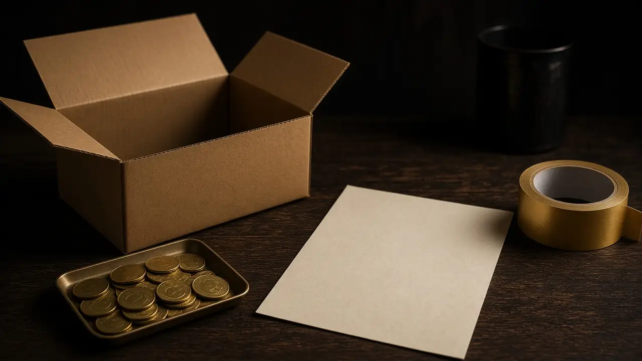 Packing station with a shipping box, a small tray of gold coins, a packing slip, and a gold tape roll on a wooden counter