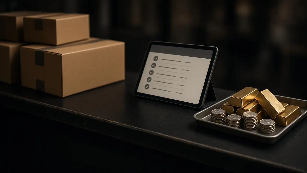 Inbound shipping boxes on a dark receiving counter beside a tray of gold bars and silver coins, with a tablet showing a generic checklist