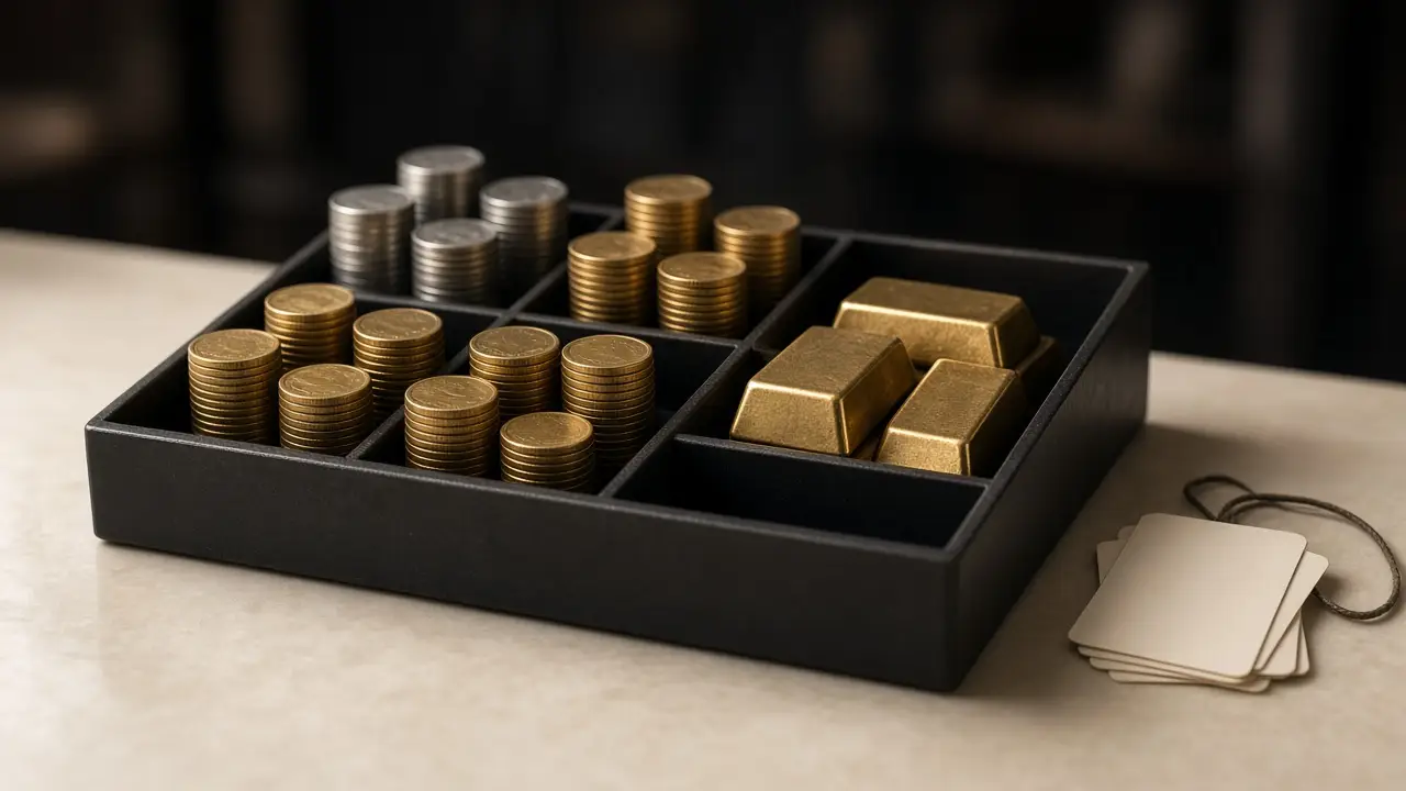 Divided vault tray of gold and silver coin stacks and bars on a cream counter, with blank location tags beside it