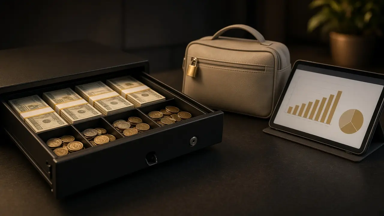 Open cash drawer with cream banknote stacks and coins on a dark counter, beside a bank deposit bag and a tablet showing a generic chart
