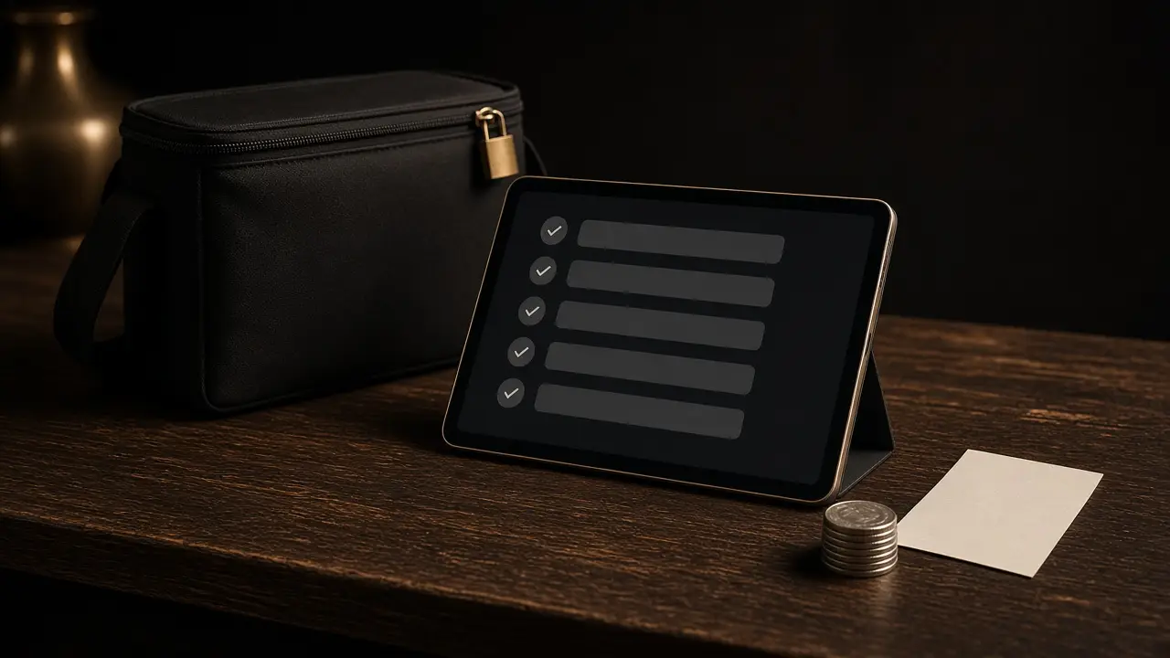 Tablet showing a generic close checklist next to a bank deposit bag, a receipt, and a stack of silver coins on a wooden counter