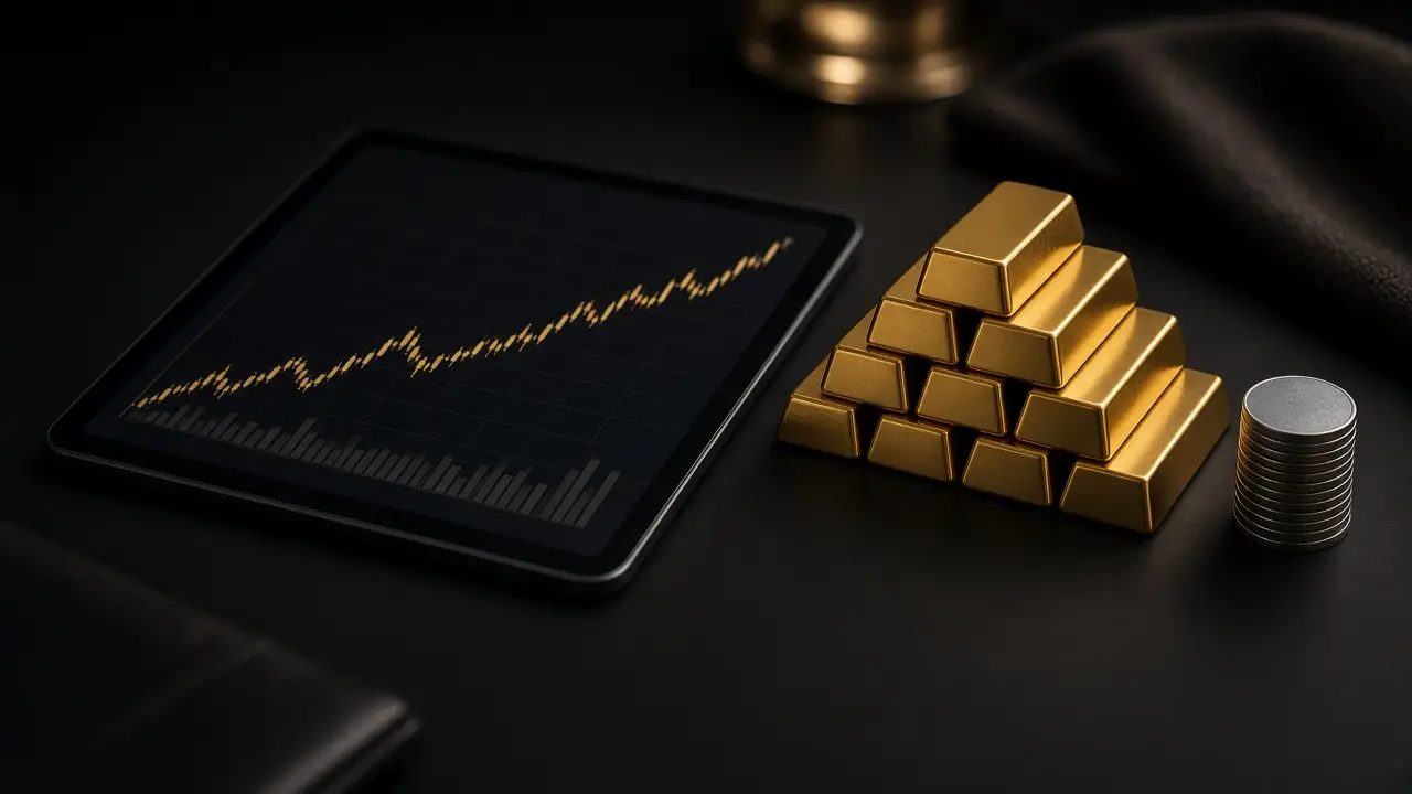Large tablet showing a generic chart on a dark desk beside a pyramid of gold bars and a stack of silver coins