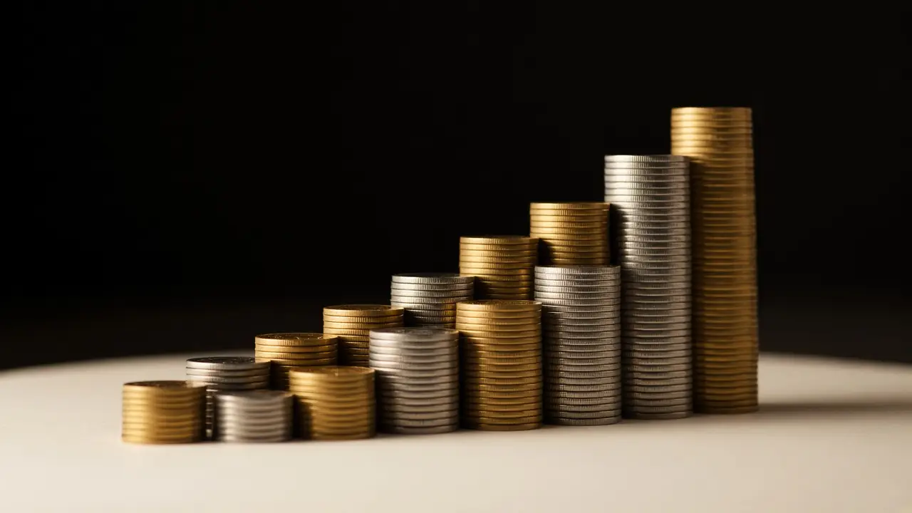 Rising rows of alternating gold and silver coin stacks on a cream surface beneath a simple gold line chart