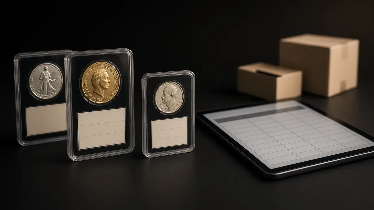 Certified coin holders standing on a dark counter beside small shipping boxes and a tablet showing a generic inventory table