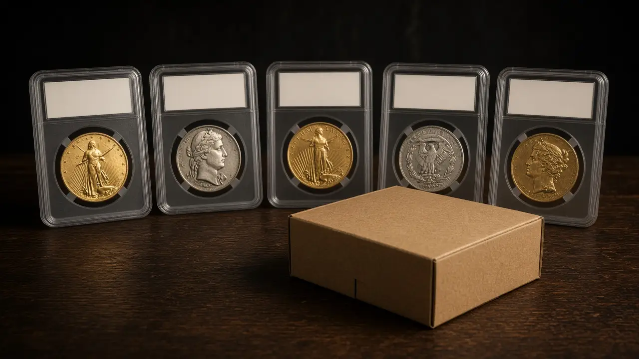 Row of five certified gold and silver coin holders above a shipping box on a wooden counter