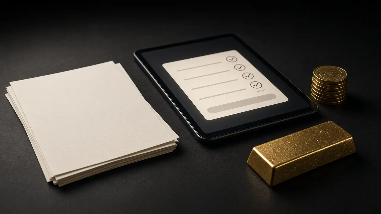 Paper invoices on a dark counter beside a tablet showing a generic payment checklist, a gold coin stack, and a gold bar
