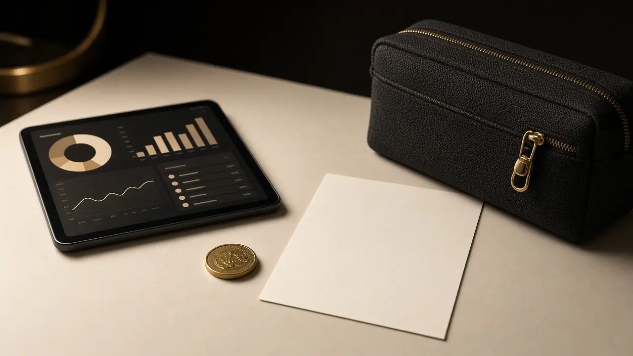 Tablet showing a generic dashboard on a cream counter next to a paper invoice, a gold coin, and a bank deposit bag