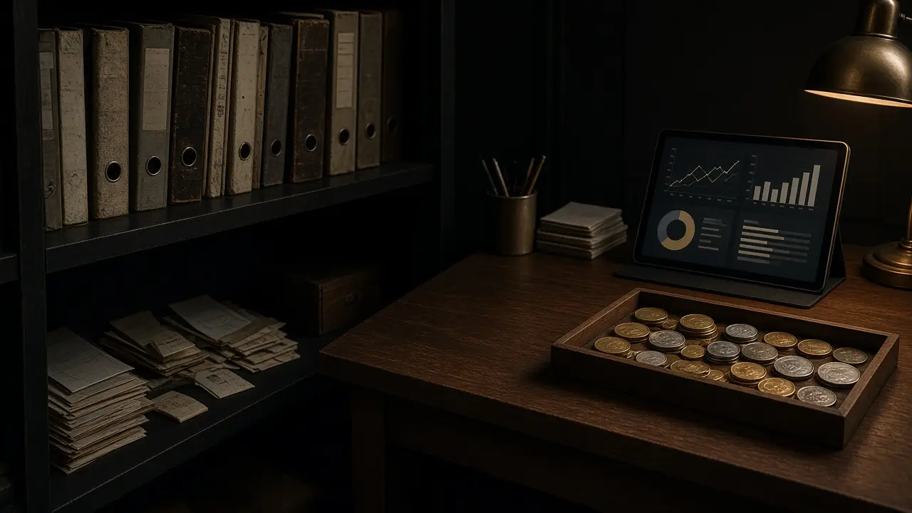 Shelf of old binders and scattered paper tickets on one side of a coin shop back office, with a tablet dashboard and an orderly coin tray on the other
