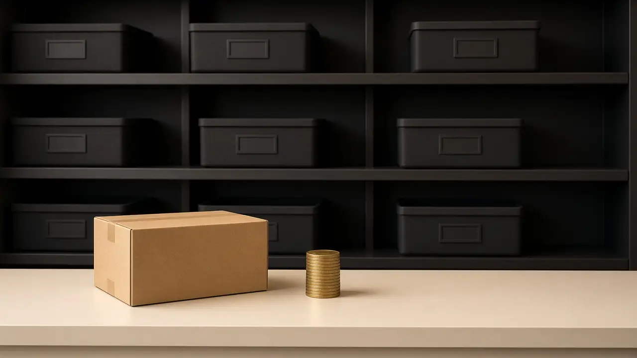 Clean back-office shelving with labeled dark storage bins above a cream counter holding a shipping box and a gold coin stack