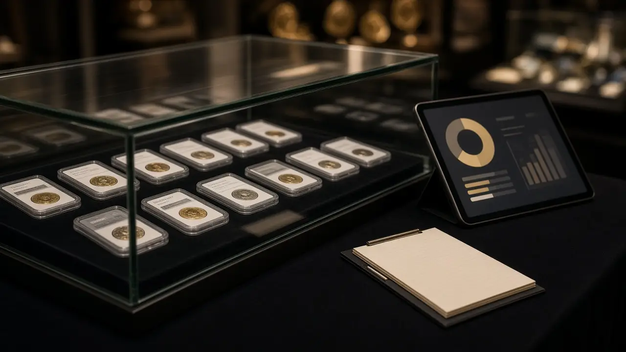 Coin show display case with certified coin holders on dark velvet beside a tablet showing a generic dashboard and a carbon receipt