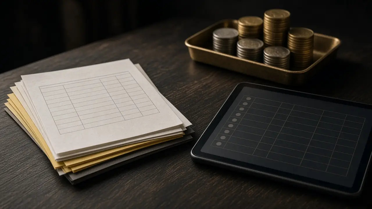 Carbon receipt pads on a wooden table next to a tablet showing a generic inventory table and a tray of gold and silver coin stacks