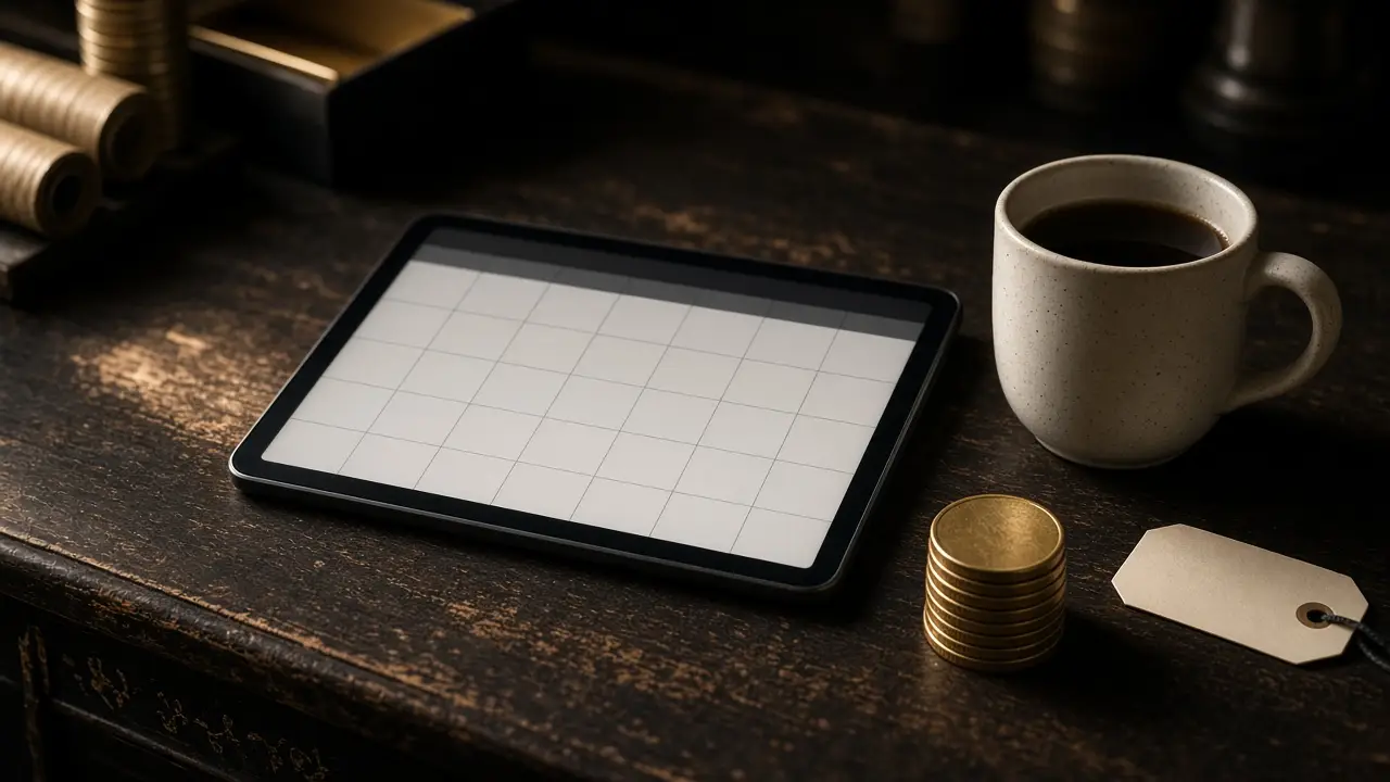 Tablet showing a generic weekly schedule on a wooden coin counter beside a coffee mug, a gold coin stack, and a blank hold tag