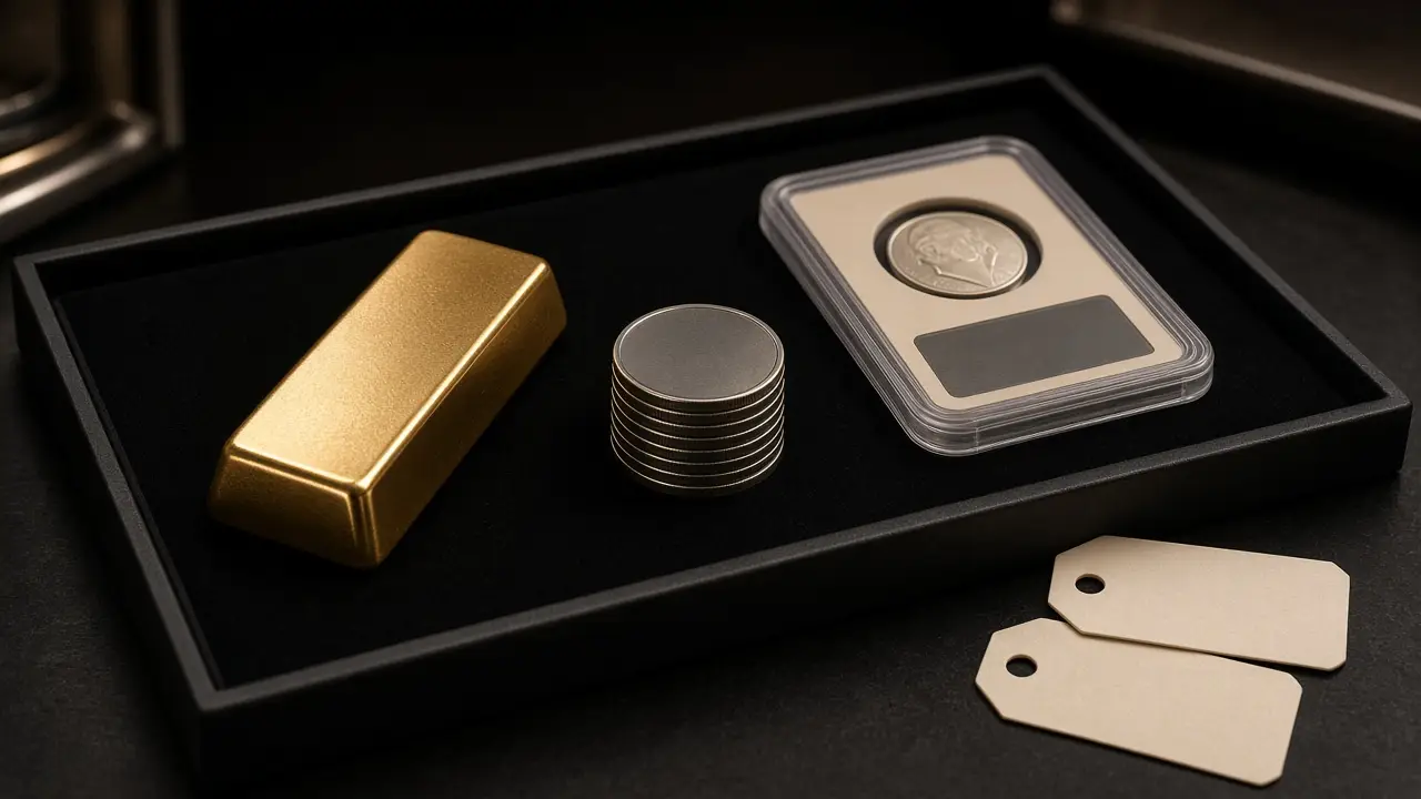 Vault tray with a gold bar, a silver coin stack, and a certified coin holder pulled for pickup, with blank hold tags alongside