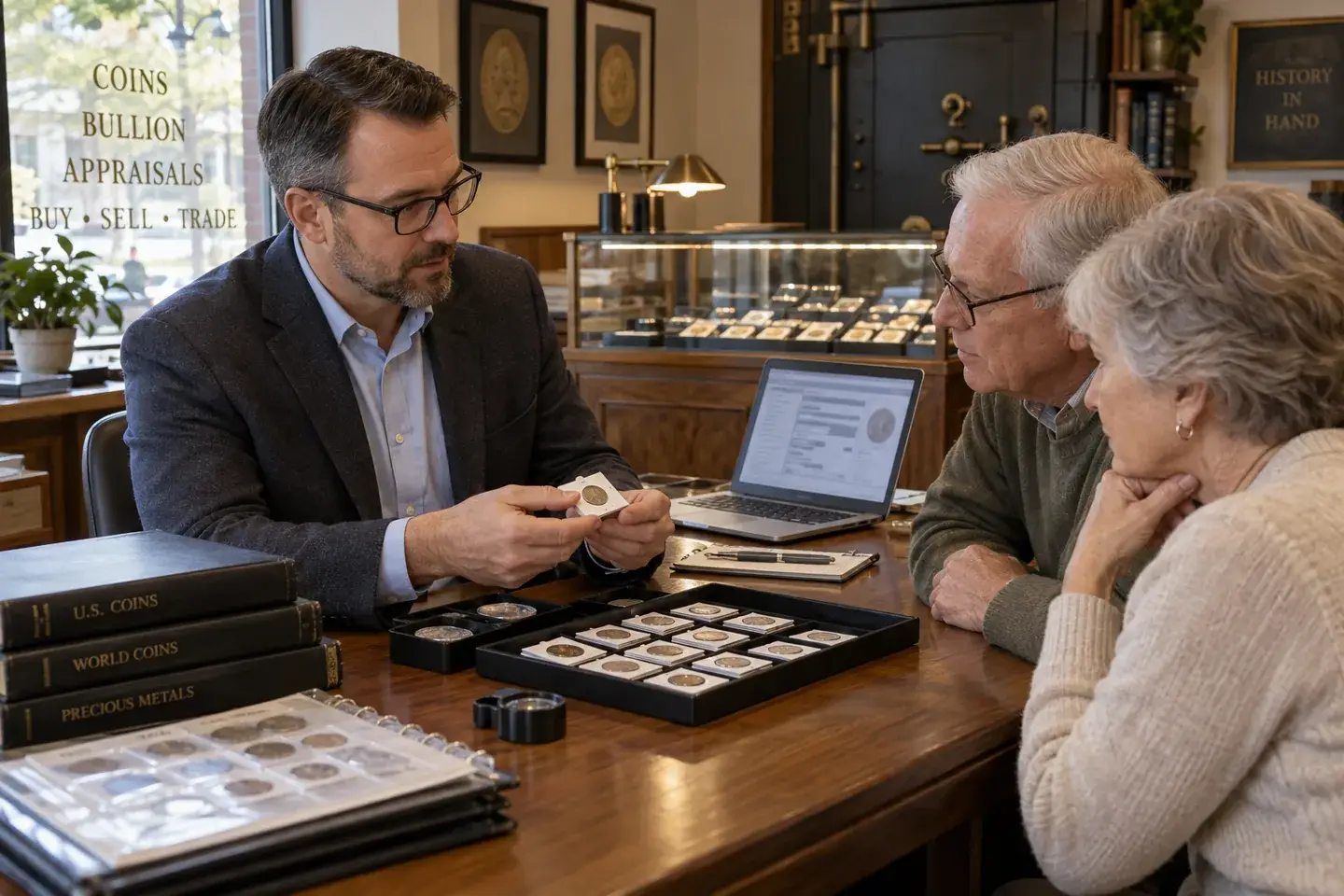 Coin dealer reviewing an inherited collection with an older couple at a private consultation table.