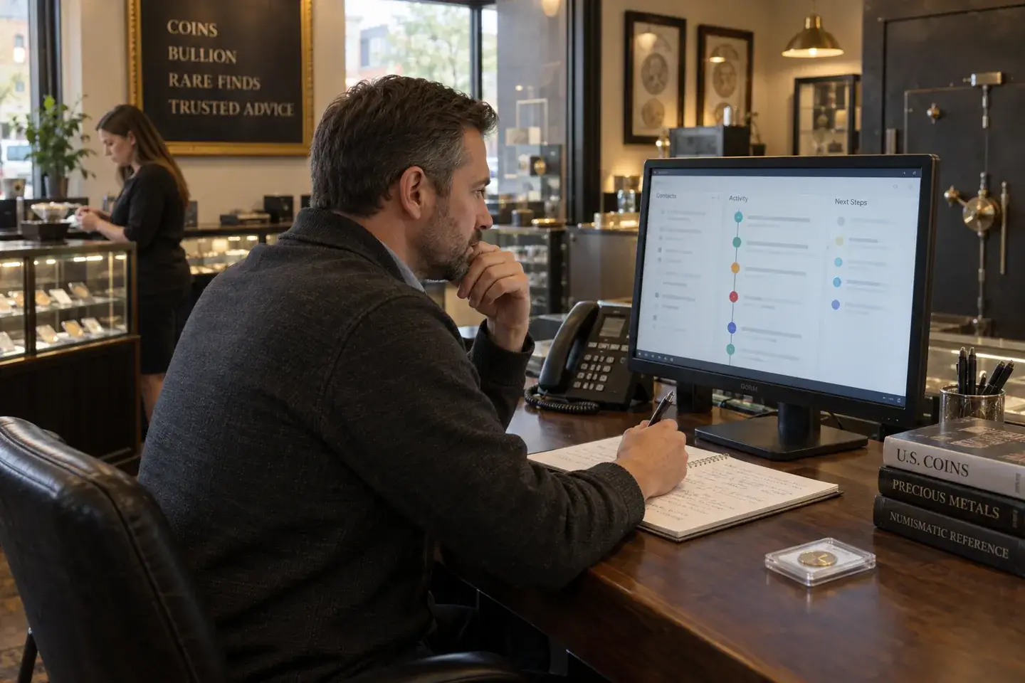 Dealer preparing a customer follow-up using a CRM timeline, notes and phone.