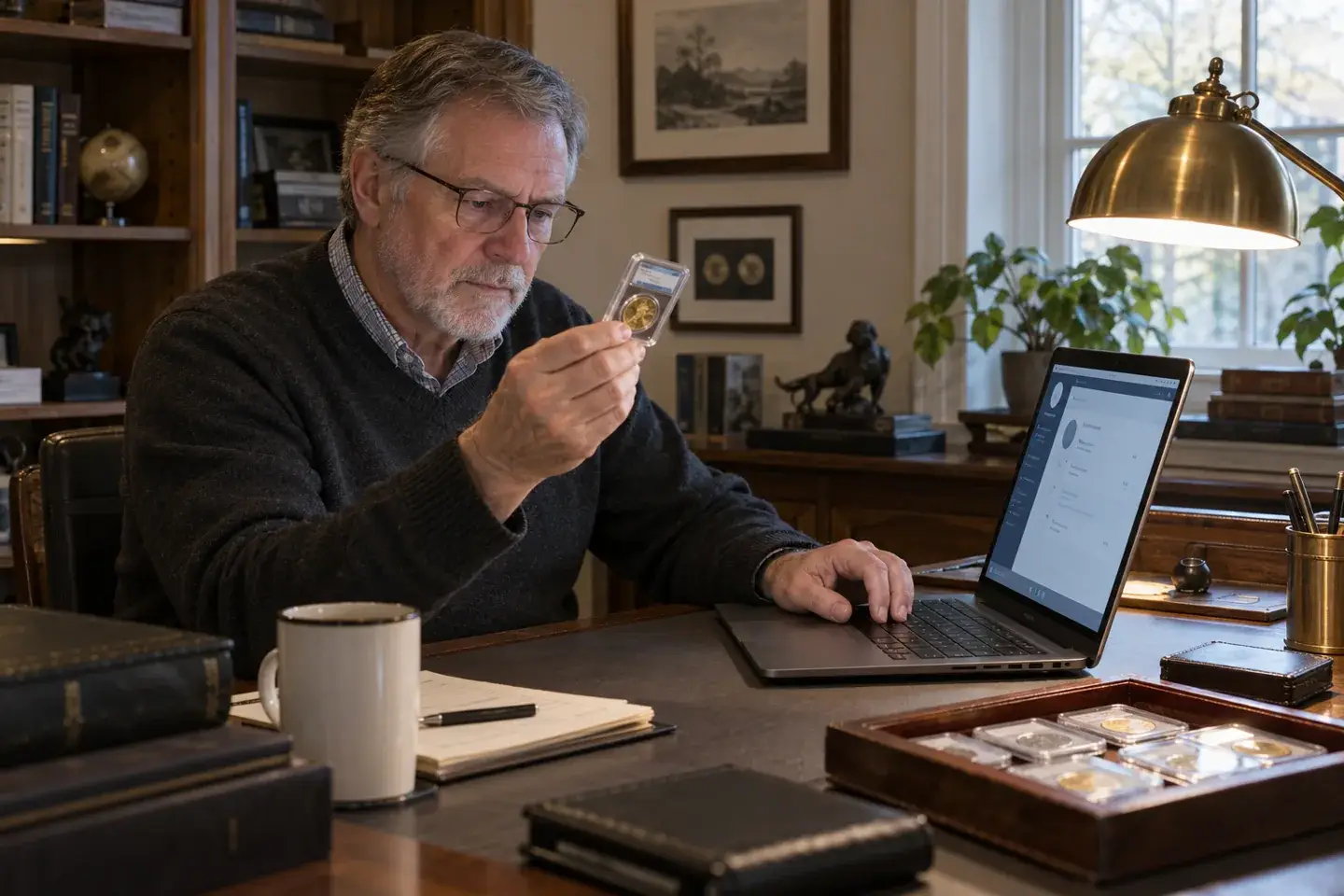 Mature collector using a secure customer portal while examining an encapsulated coin at home.