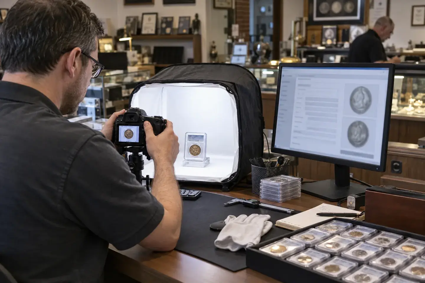 Coin dealer photographing a graded coin in a tabletop light tent for an online listing.