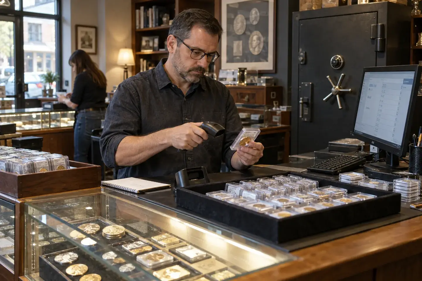 Inventory manager scanning a graded coin into a secure coin-shop inventory system.