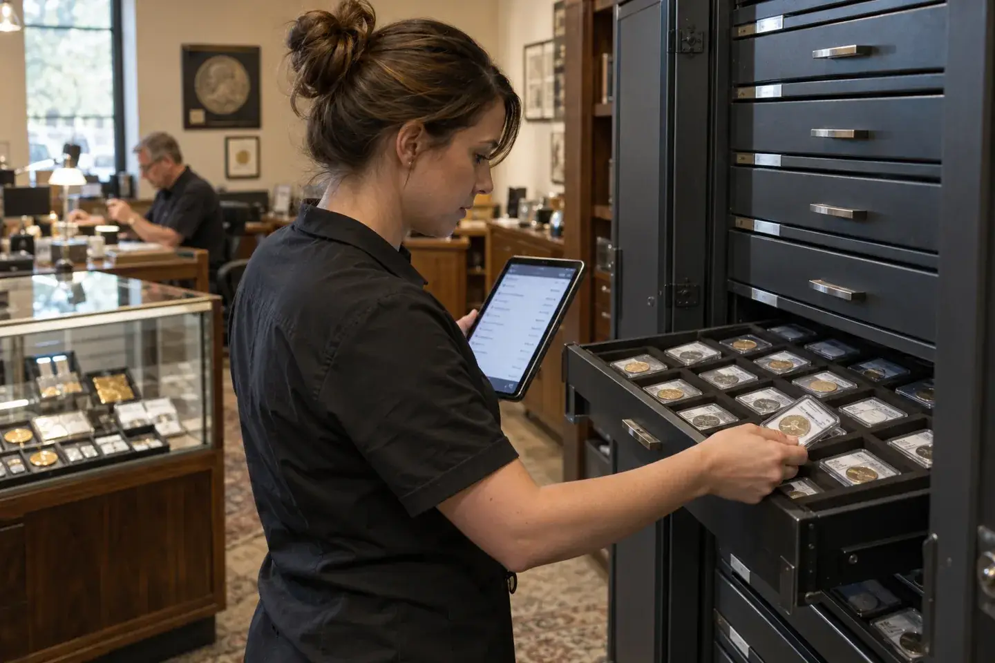 Employee locating a graded coin in organized secure inventory with a tablet.